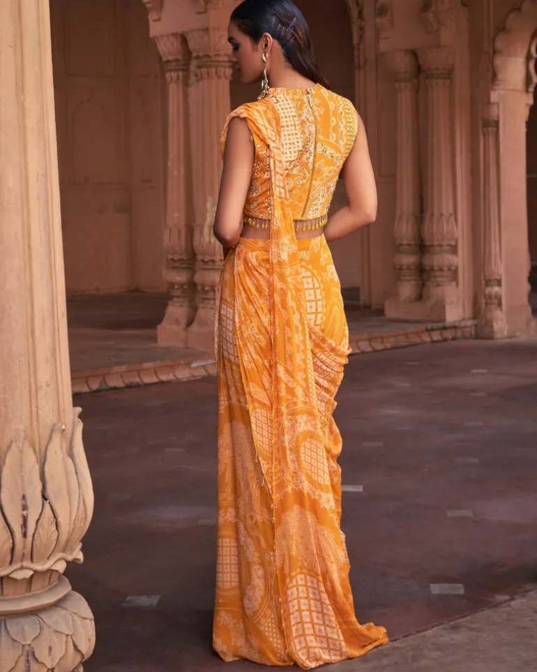 Mustard Thikri Print and Highlighted Pant Sari Set