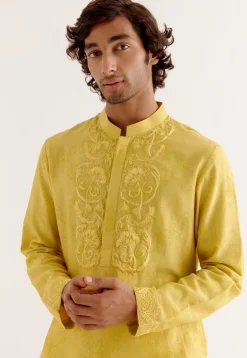 Mustard Yellow Block Printed Dori Embroidered Kurta Set