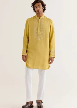 Mustard Yellow Silk Satin Dori Embroidered Kurta Set