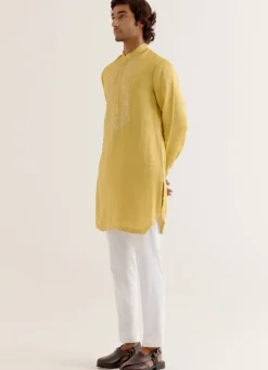 Mustard Yellow Silk Satin Dori Embroidered Kurta Set