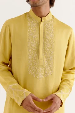 Mustard Yellow Silk Satin Dori Embroidered Kurta Set