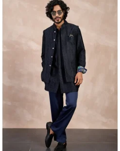 Navy & Black Maze Nehru Jacket Set