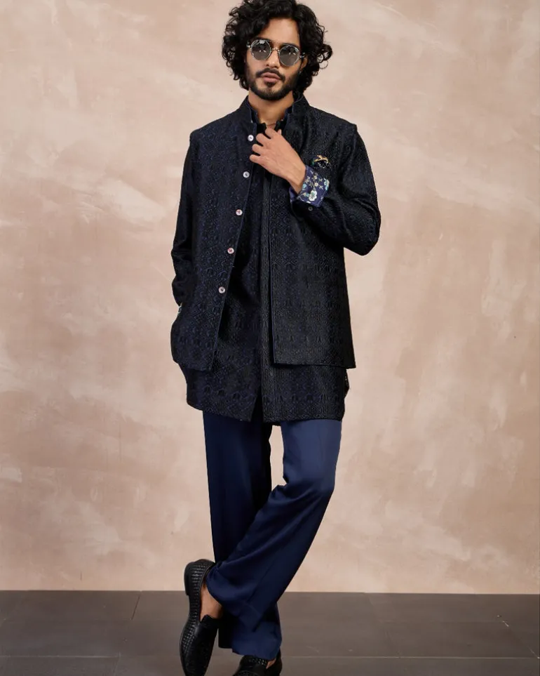 Navy & Black Maze Nehru Jacket Set