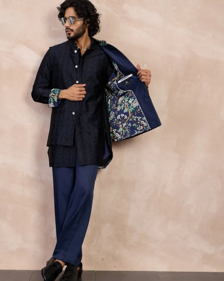 Navy & Black Maze Nehru Jacket Set
