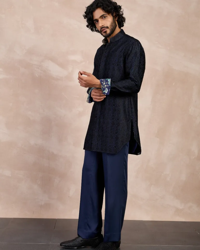 Navy & Black Maze Nehru Jacket Set