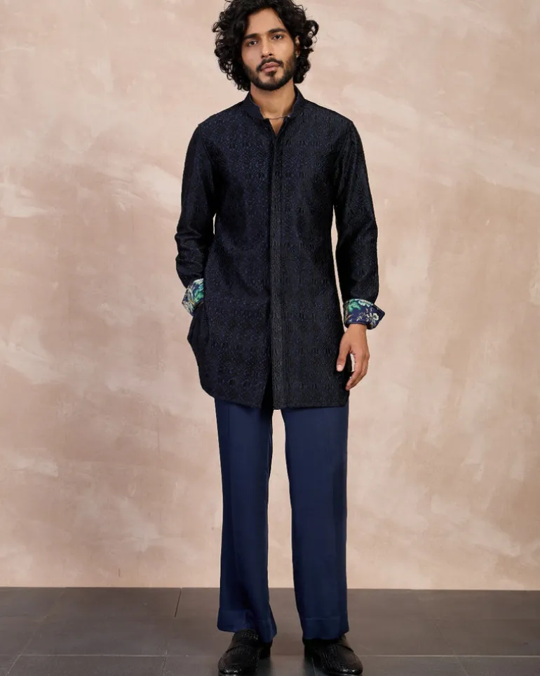 Navy & Black Maze Nehru Jacket Set