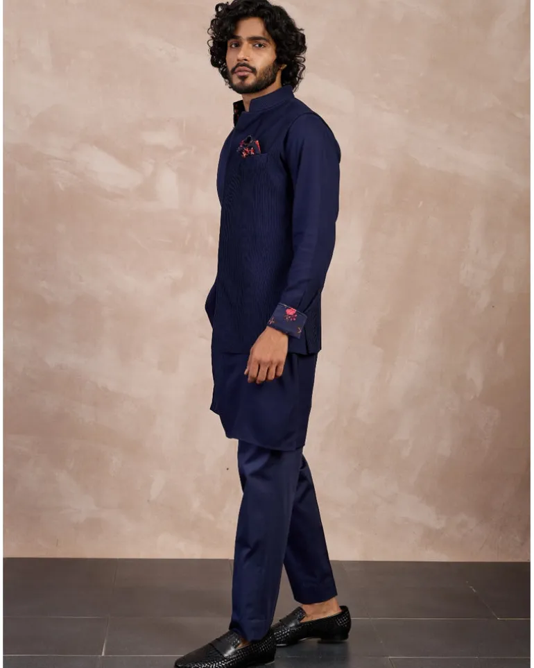 Navy Basic Pin tucks Nehru Jacket Set
