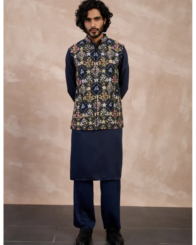 Navy Bloom Nehru Jacket Set