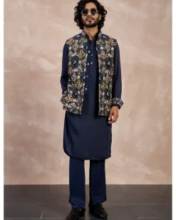 Navy Bloom Nehru Jacket Set
