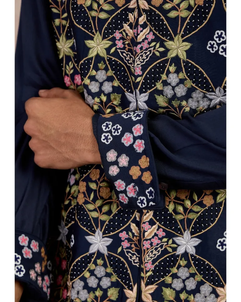Navy Bloom Nehru Jacket Set
