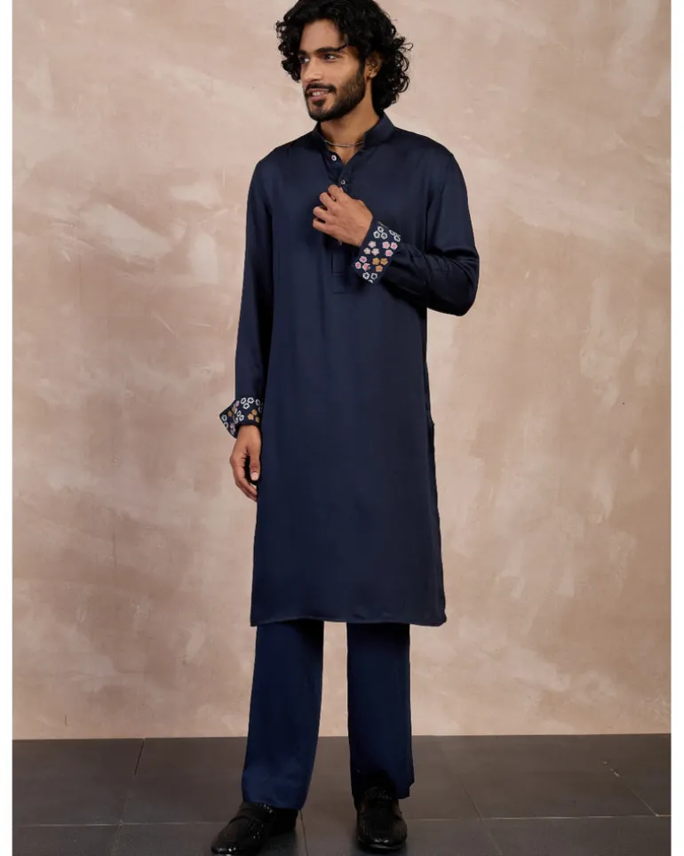 Navy Bloom Nehru Jacket Set