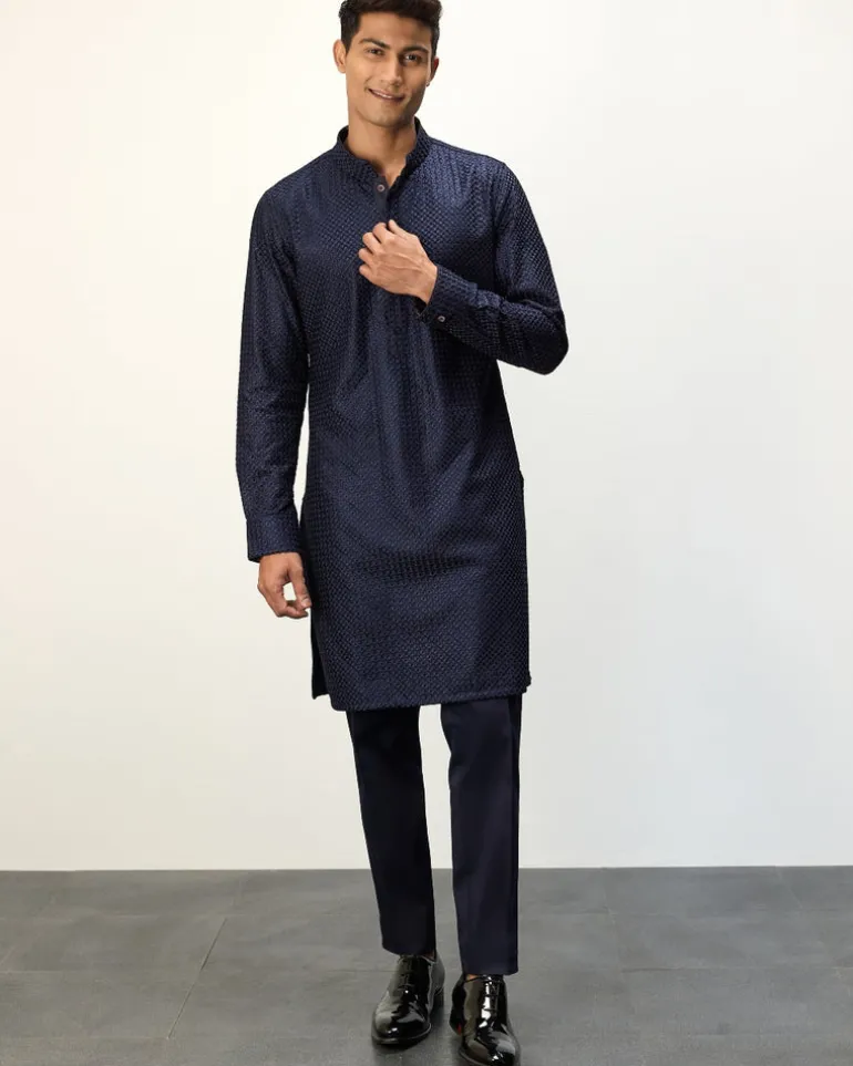 Navy Blue Chanderi Inara Straight Kurta Set