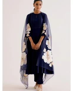 Navy Blue Cotton Silk Blend Hand-Painted Anarkali Set
