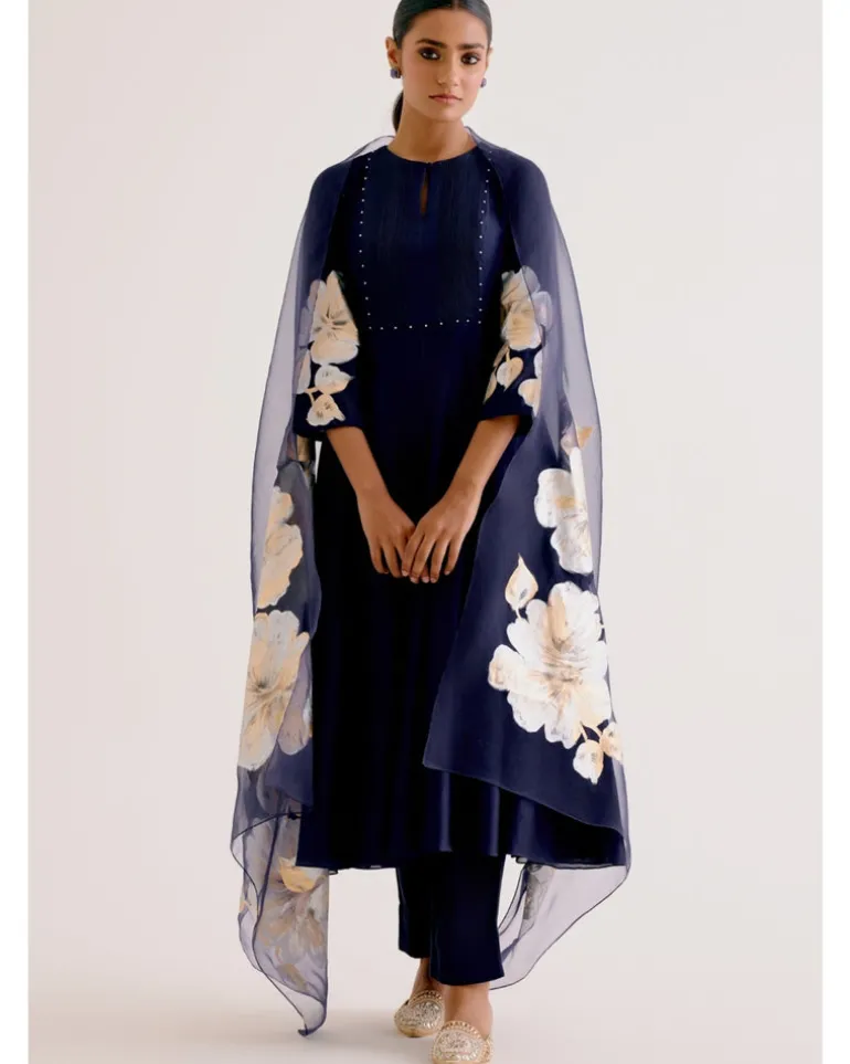 Navy Blue Cotton Silk Blend Hand-Painted Anarkali Set