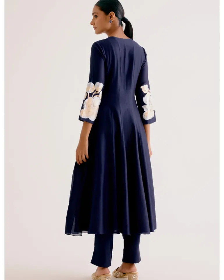 Navy Blue Cotton Silk Blend Hand-Painted Anarkali Set