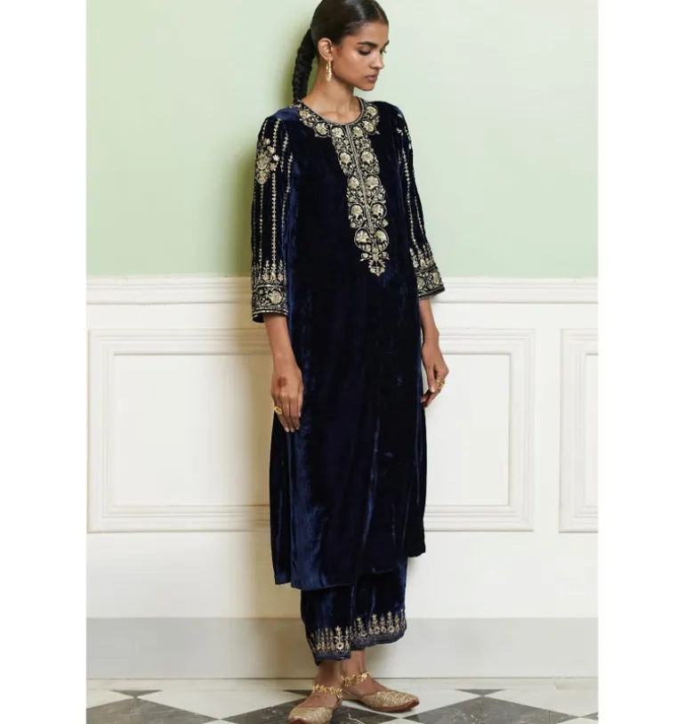 Navy Blue Embroidered Velvet Straight Kurta Set