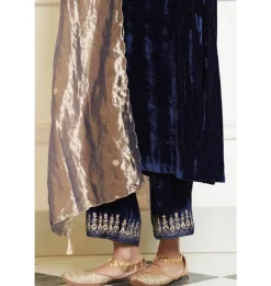 Navy Blue Embroidered Velvet Straight Kurta Set