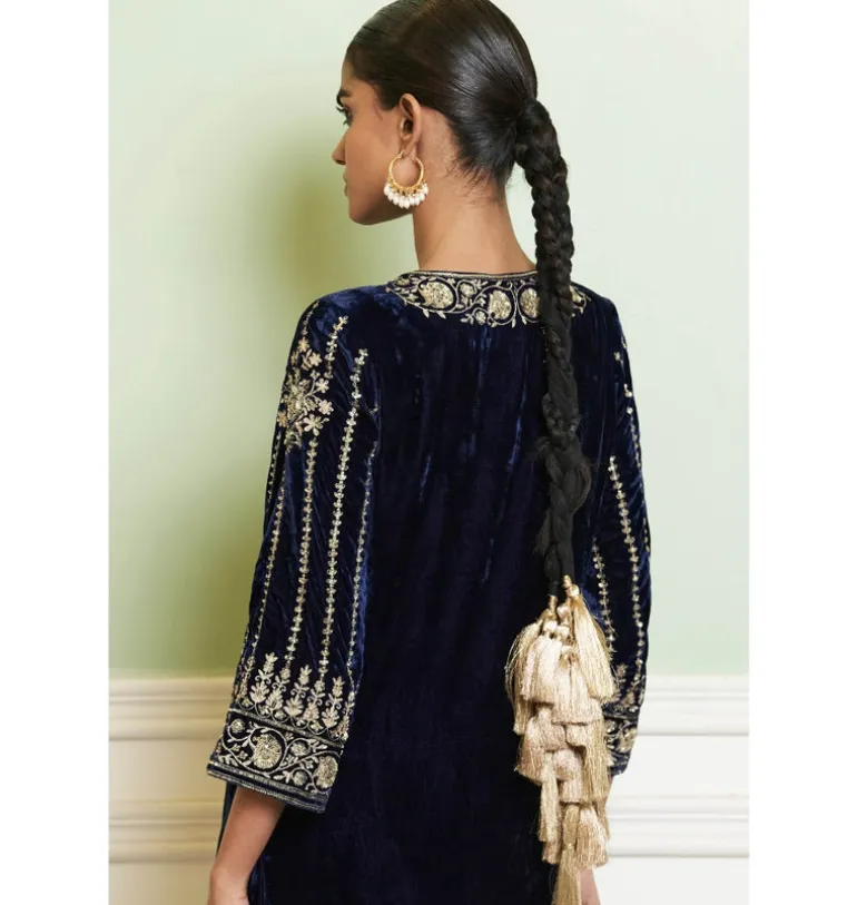 Navy Blue Embroidered Velvet Straight Kurta Set