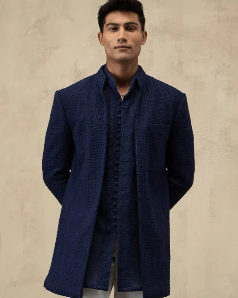 Navy Blue Jaal Luppi Button Kurta Set