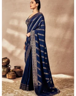 Navy Blue Jacquard Sari Set