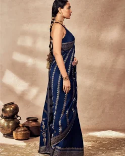 Navy Blue Jacquard Sari Set