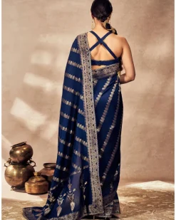 Navy Blue Jacquard Sari Set