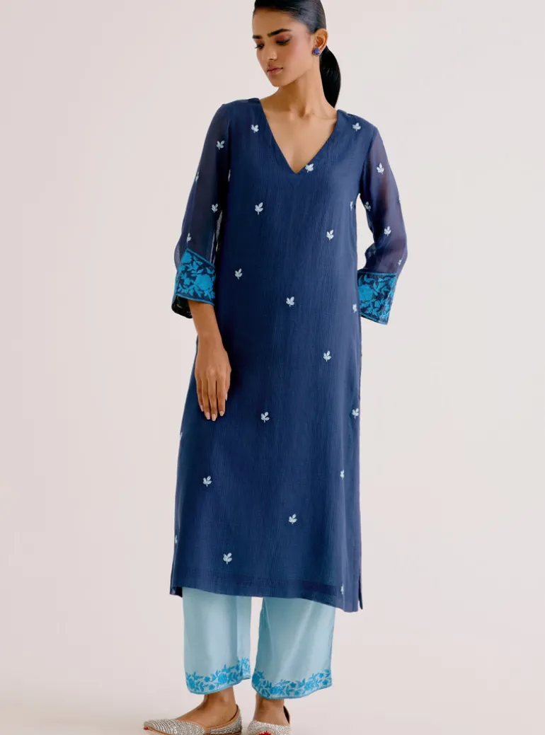 Navy Blue Kota Dori Embroidered Kurta Set
