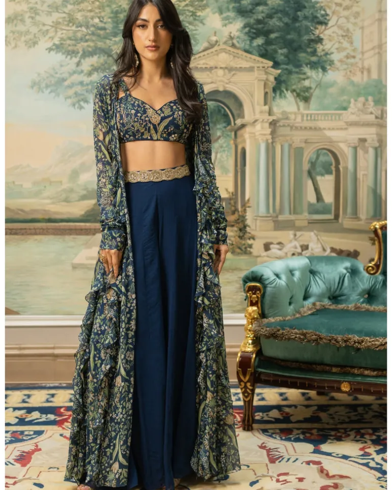 Navy Blue Printed Drama Jacket Set