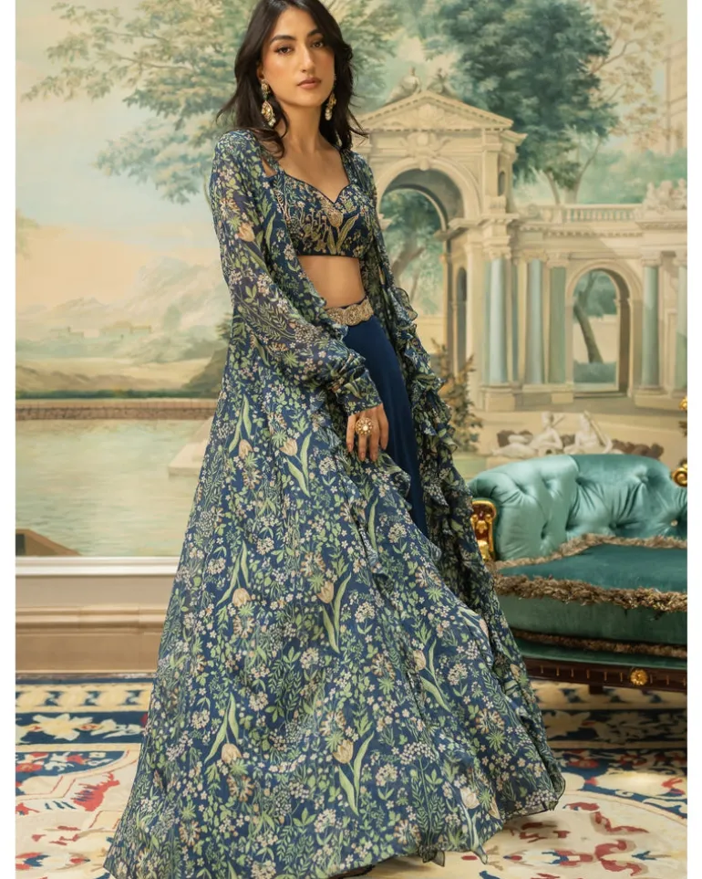 Navy Blue Printed Drama Jacket Set