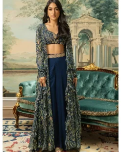Navy Blue Printed Drama Jacket Set