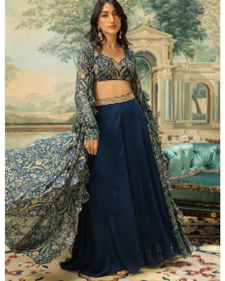 Navy Blue Printed Drama Jacket Set