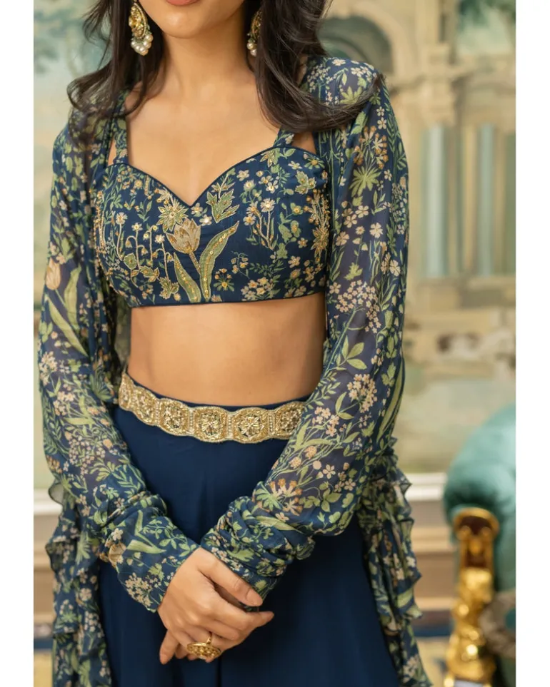 Navy Blue Printed Drama Jacket Set