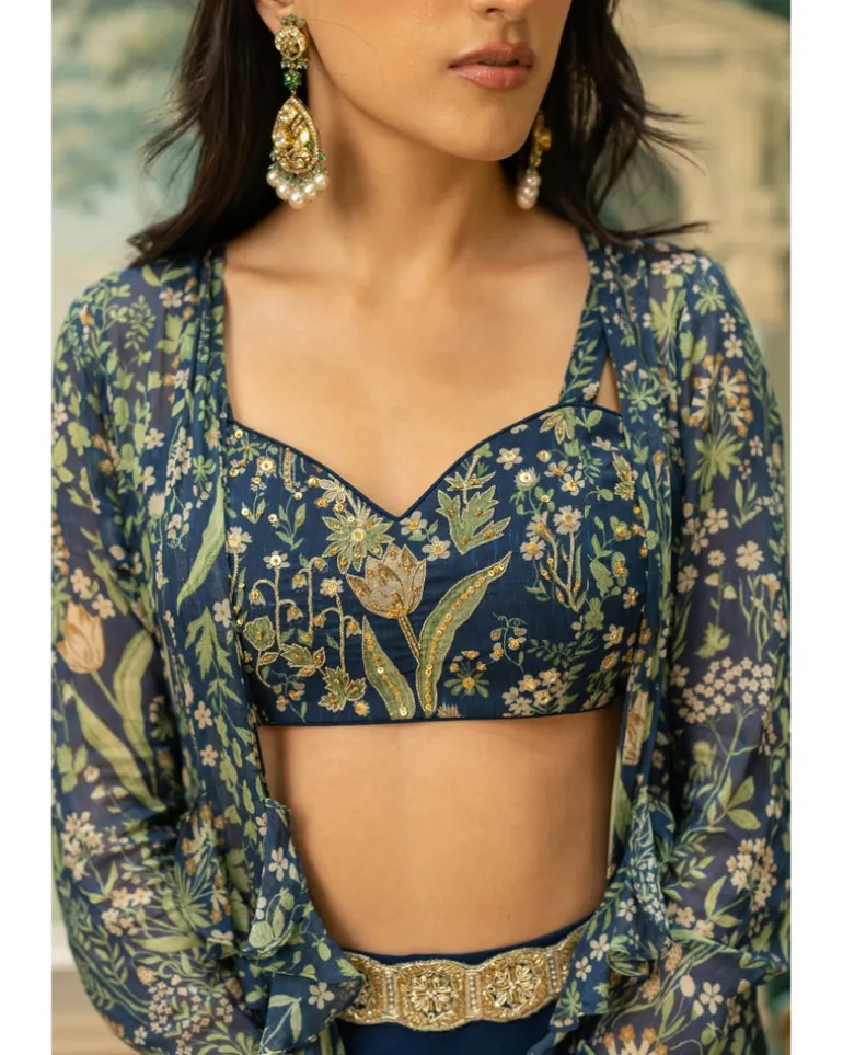 Navy Blue Printed Drama Jacket Set