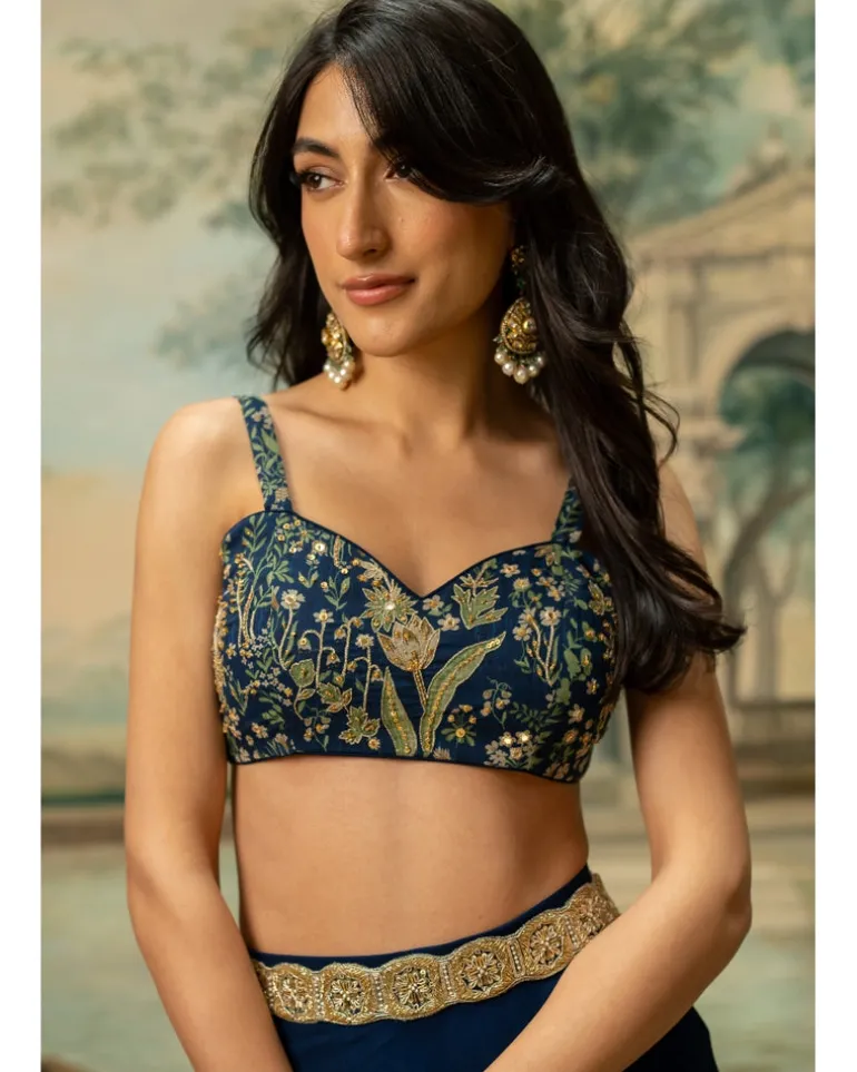Navy Blue Printed Drama Jacket Set