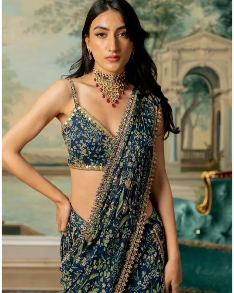 Navy Blue Printed Pre-Stitch Sari Set