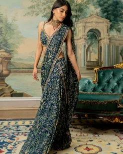 Navy Blue Printed Pre-Stitch Sari Set