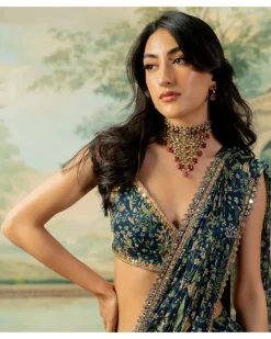 Navy Blue Printed Pre-Stitch Sari Set