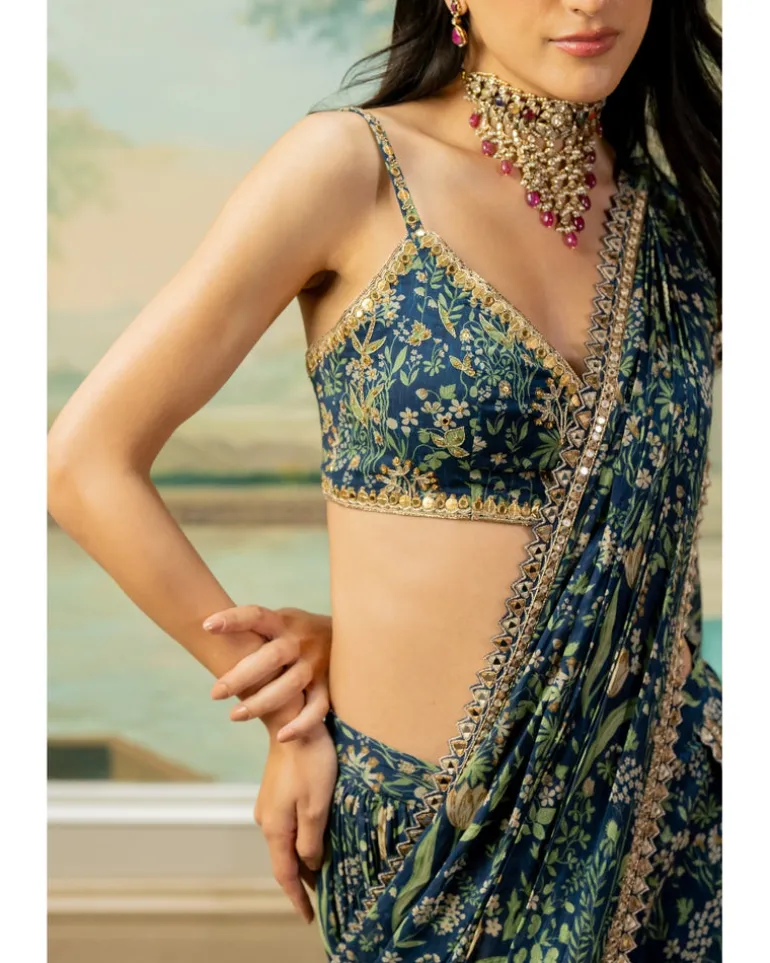 Navy Blue Printed Pre-Stitch Sari Set