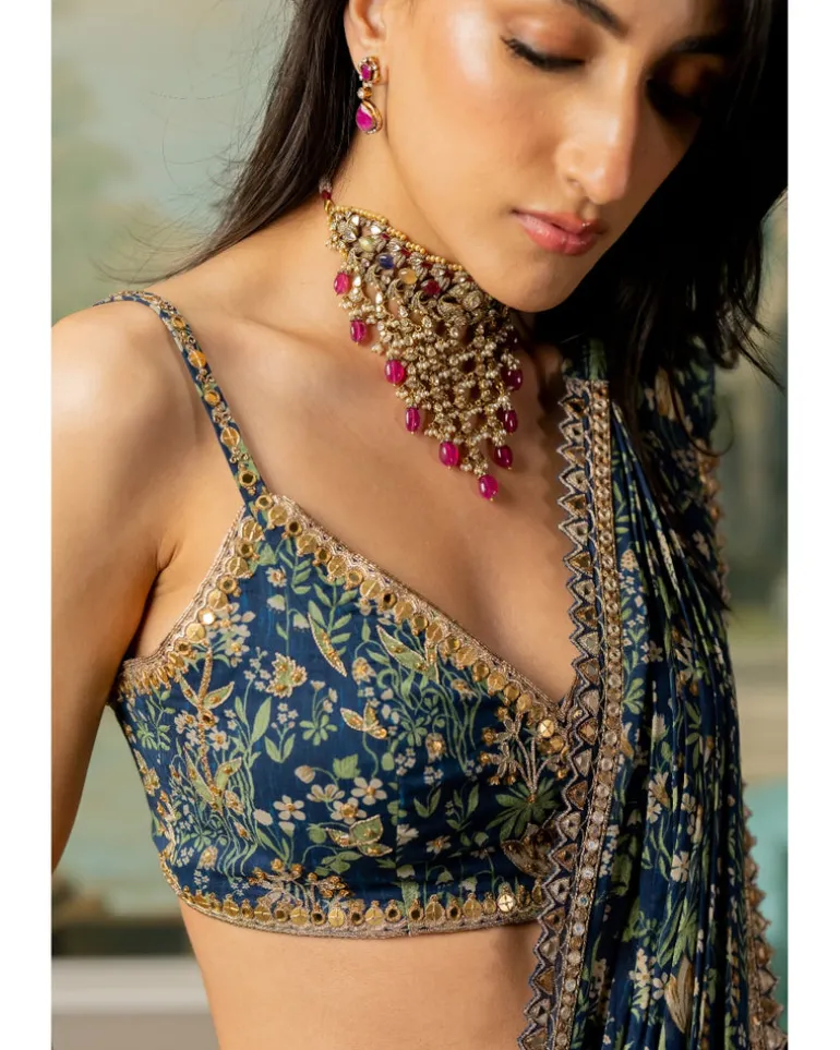 Navy Blue Printed Pre-Stitch Sari Set