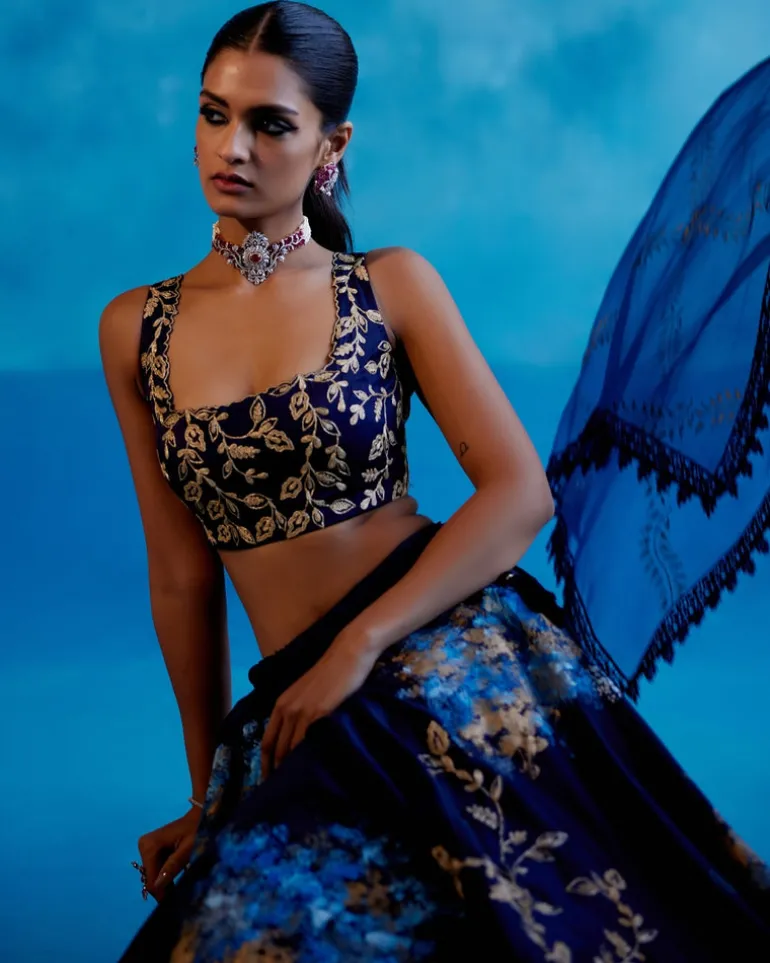 Navy Blue Silk Chanderi Hand-Painted Lehenga Set