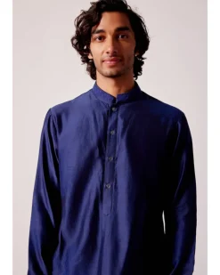 Navy Blue Silk Chanderi Kurta And Embroidered Bandi Set