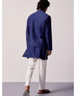 Navy Blue Silk Chanderi Kurta And Embroidered Bandi Set