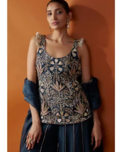 Navy Embroidered Kurta And Sharara Set