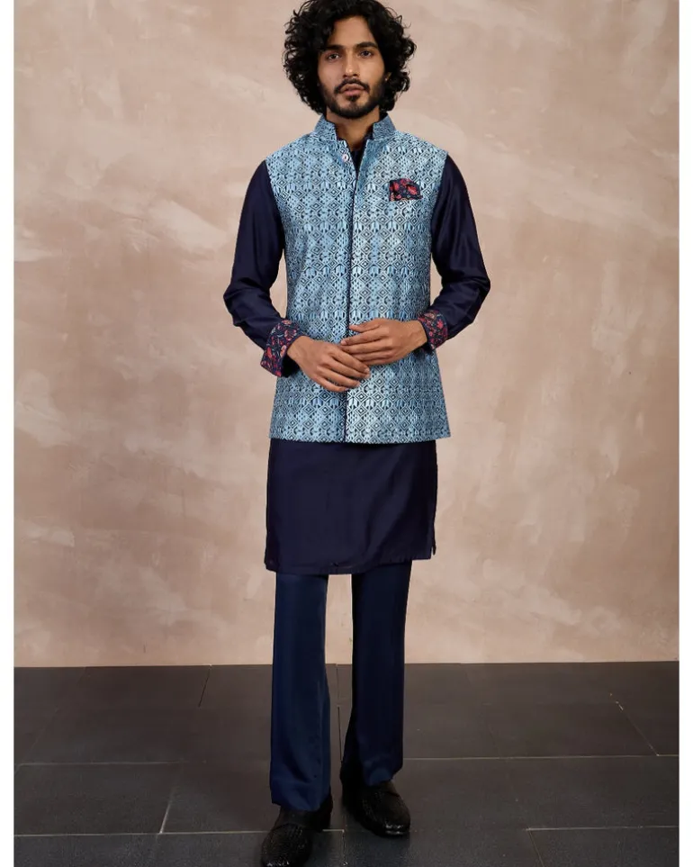 Navy Plain Chanderi Silk Straight Kurta Set