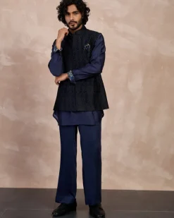 Navy Plain Chanderi Silk Kurta Shirt Set