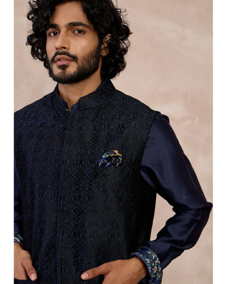Navy Plain Chanderi Silk Kurta Shirt Set