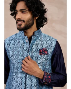 Navy Plain Chanderi Silk Straight Kurta Set