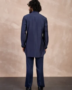 Navy Plain Chanderi Silk Kurta Shirt Set