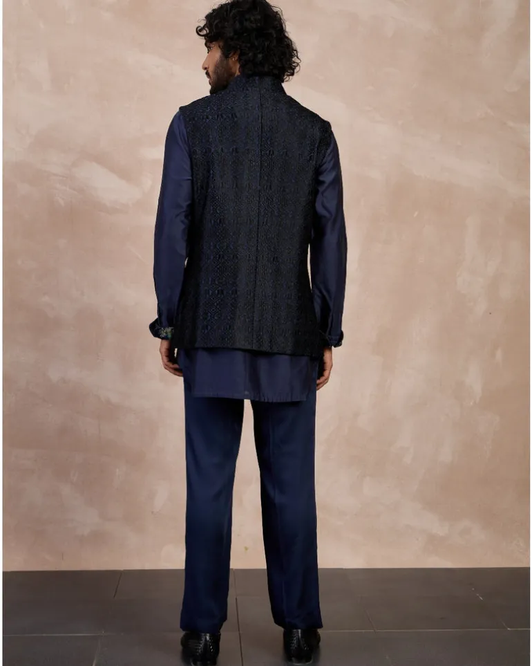 Navy Plain Chanderi Silk Kurta Shirt Set