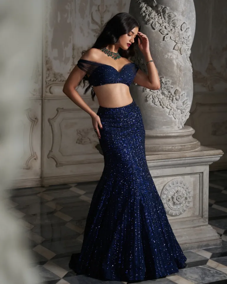 Navy Sequin Skirt Set
